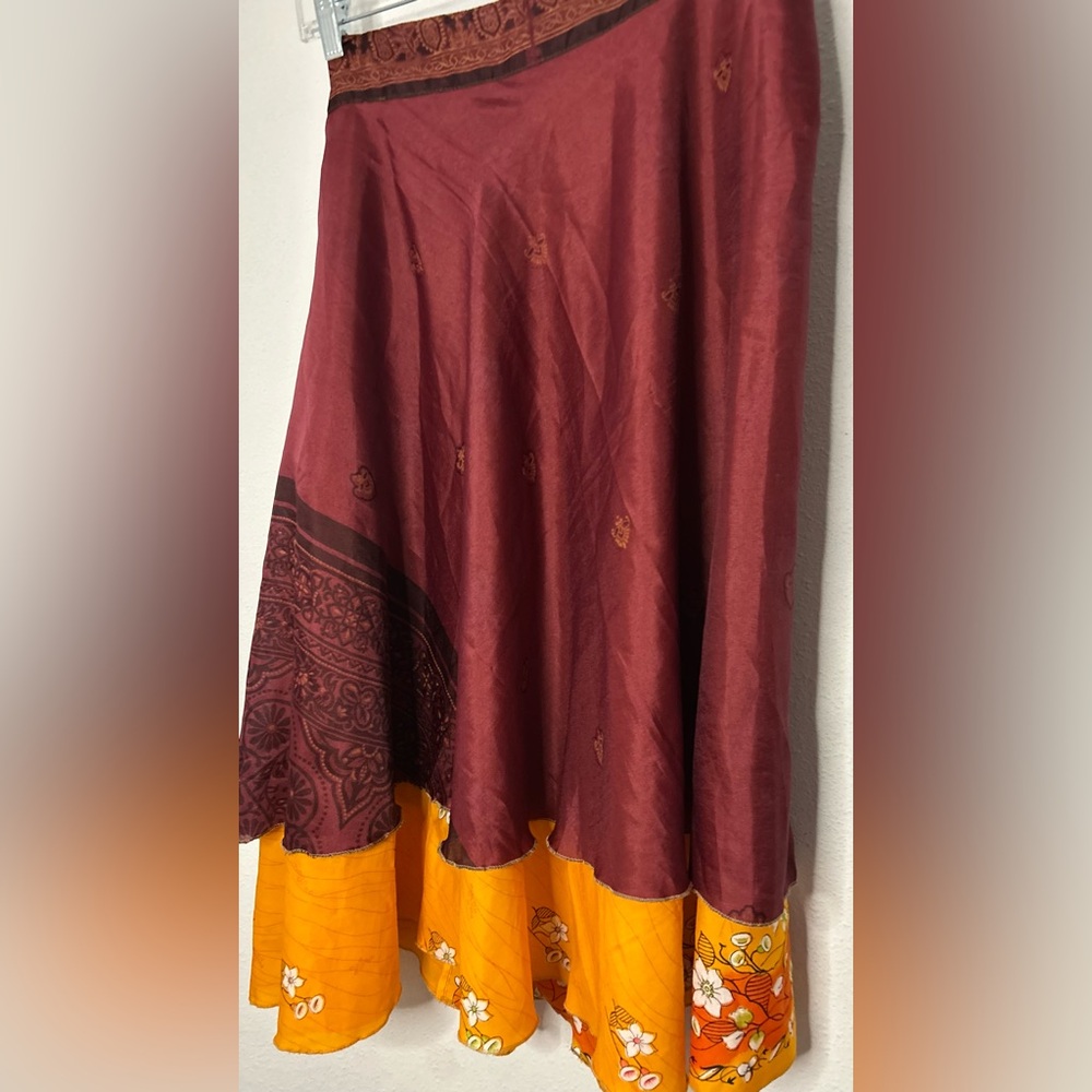 Two-Tone Asymmetrical Wrap Skirt in Burgundy and Mustard Floral - Picture 6 of 8